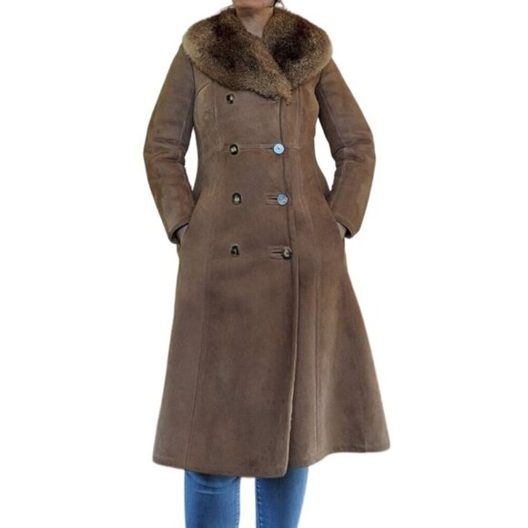 Vintage 70s Sawyer of Napa Brown Suede Leather Fur Women's Coat Small Medium - Picture 1 of 10